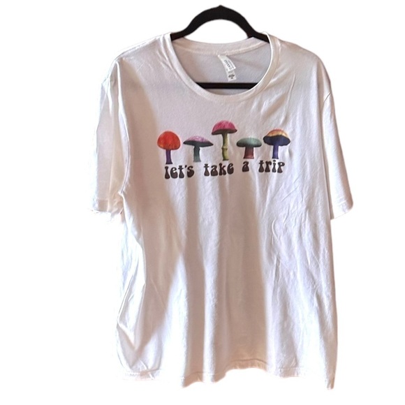 Bella Canvas 2X white mushroom graphic tee . “Let’s take a trip”. EUC - Picture 2 of 5